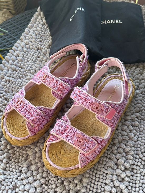 CHANEL Shoes - CHANEL Pink Tweed Dad Sandals with CC Hardware